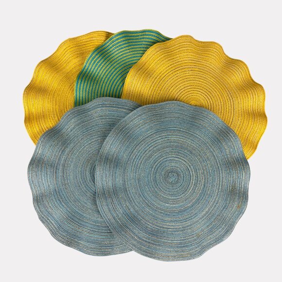 Pier 1 Imports Five Piece Round Ruffle Edge Placemats Blue Yellow Green Metallic - Picture 8 of 8